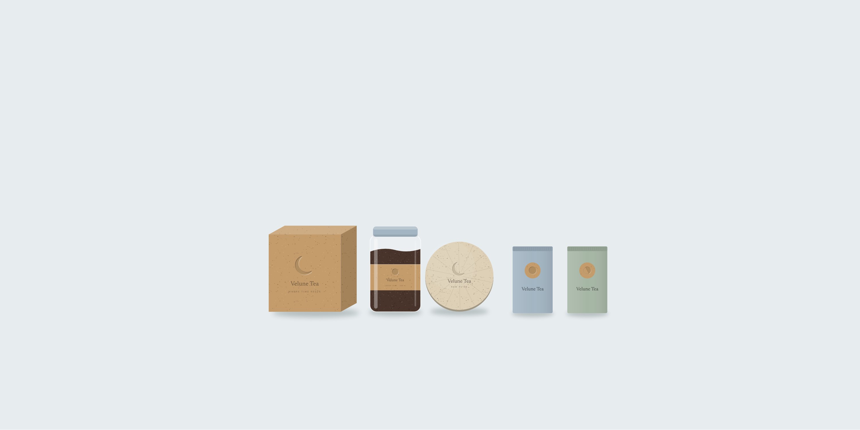 Velune Tea packaging: kraft gift box, glass jar, tea cake and tea pouches
